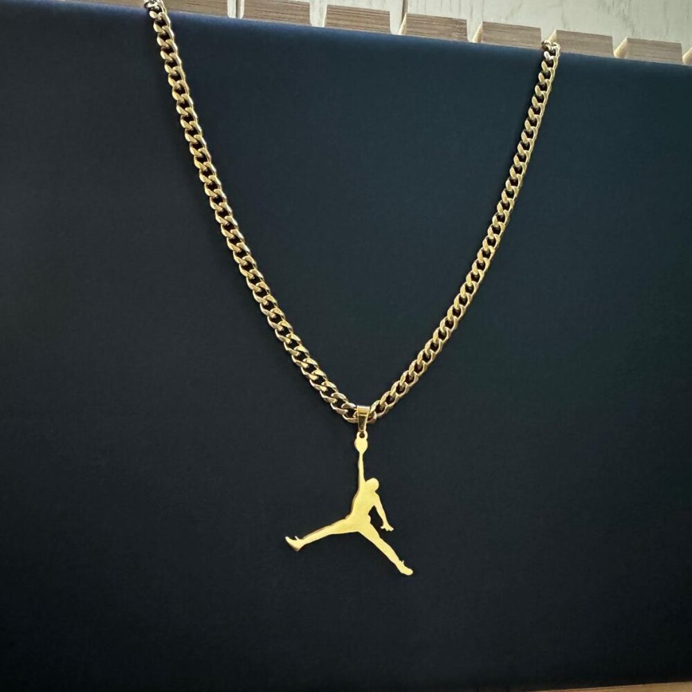 Jordan Jump man Pendant Necklace - MJ - Gold Plated - 20" Cuban Chain - NBA